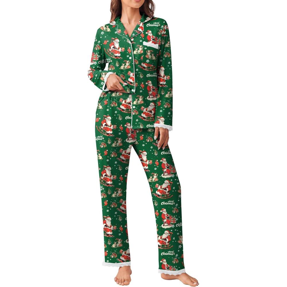 imageEkouaer Womens Pajamas Set Long Sleeve Sleepwear Button Down Lounge Set 2 Pieces Soft Nightwear Lace Pjs SetGreen Santa Chair