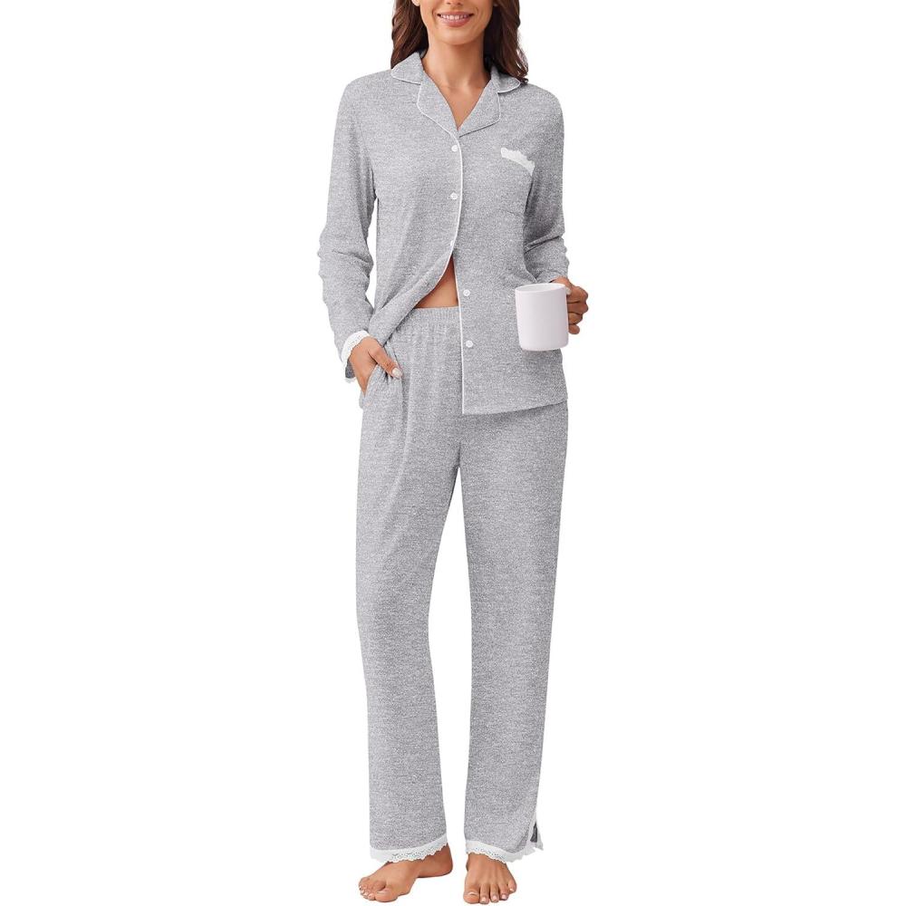 imageEkouaer Womens Pajamas Set Long Sleeve Sleepwear Button Down Lounge Set 2 Pieces Soft Nightwear Lace Pjs SetLight Grey