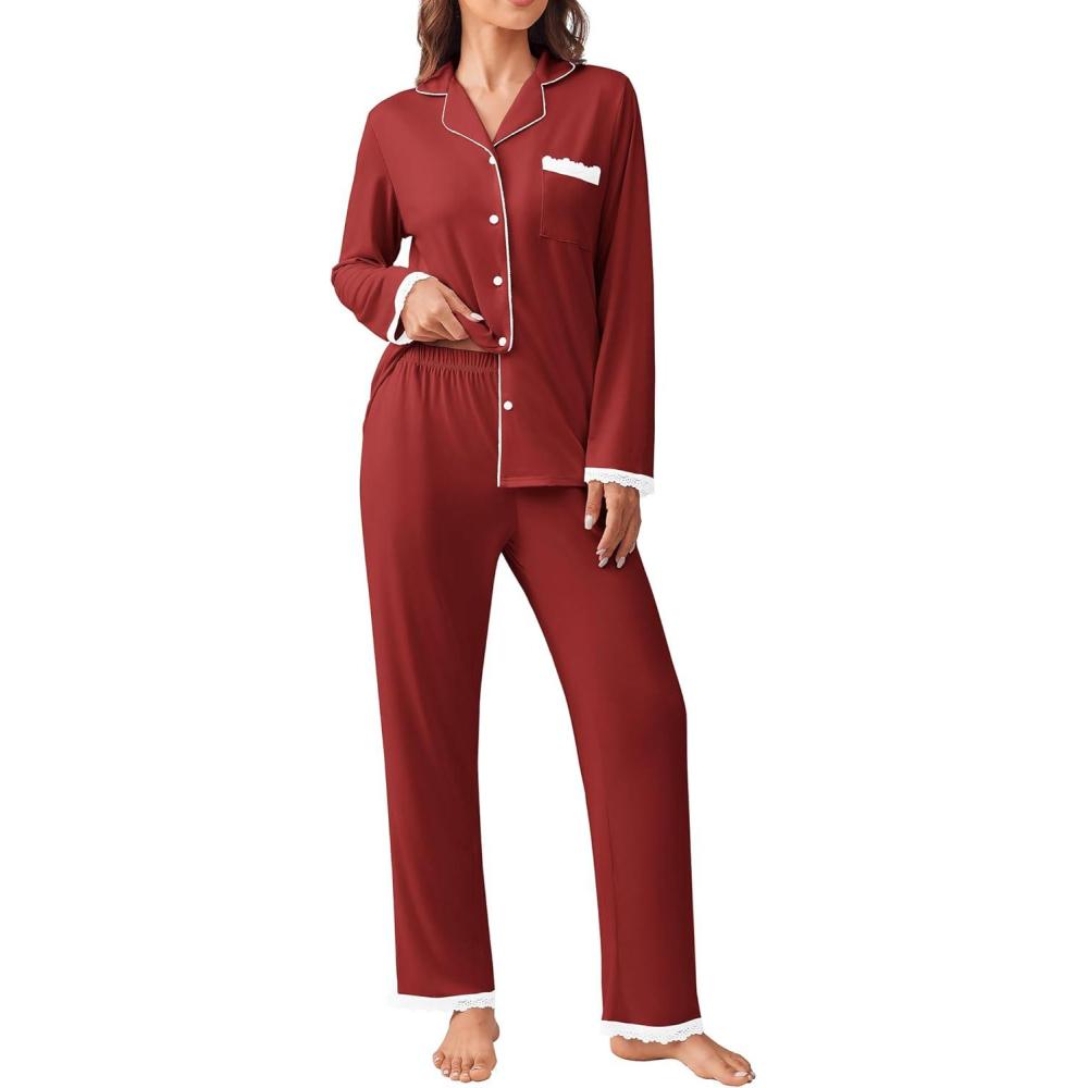 imageEkouaer Womens Pajamas Set Long Sleeve Sleepwear Button Down Lounge Set 2 Pieces Soft Nightwear Lace Pjs SetWine Red