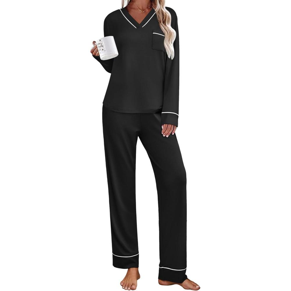 imageEkouaer Womens Pajamas Sets 2 piece PJs V Neck Long Sleeve Sleepwear Comfy Pants Loungewear with PocketBlack