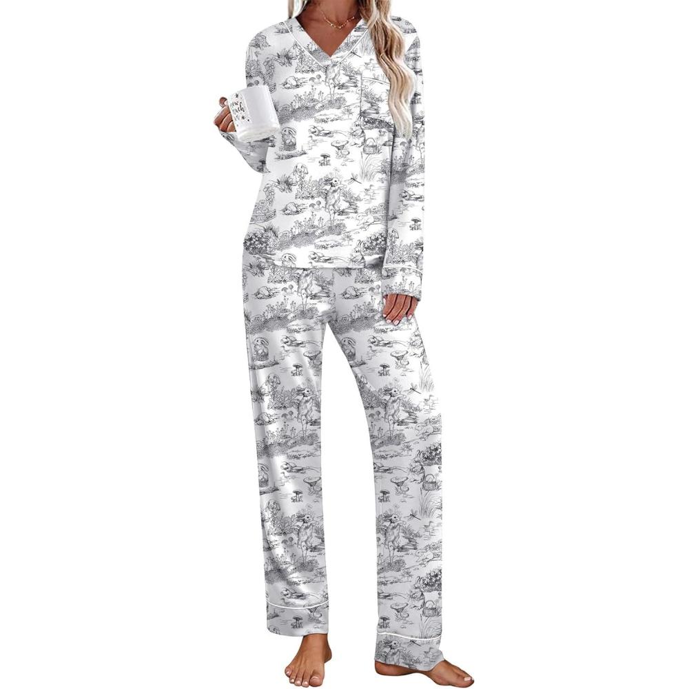 imageEkouaer Womens Pajamas Sets 2 piece PJs V Neck Long Sleeve Sleepwear Comfy Pants Loungewear with PocketBlack Rabbit