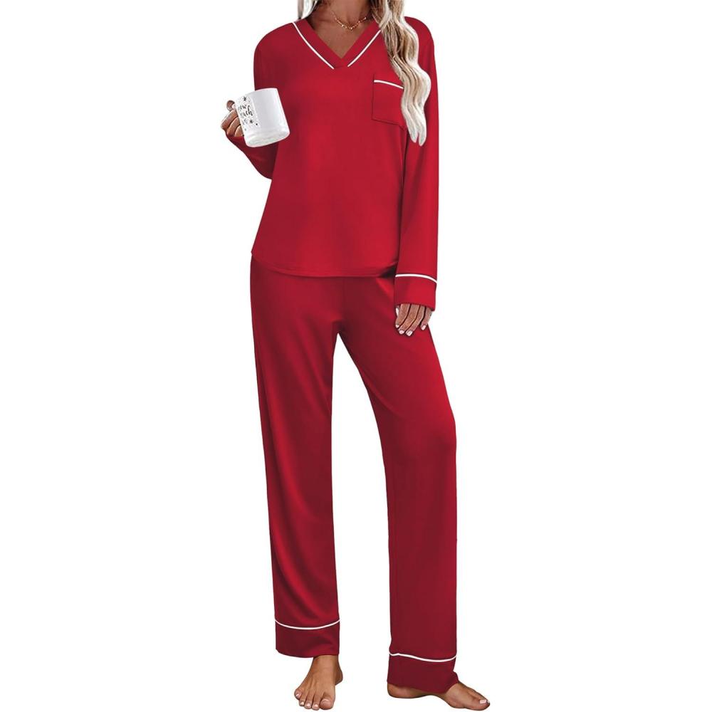 imageEkouaer Womens Pajamas Sets 2 piece PJs V Neck Long Sleeve Sleepwear Comfy Pants Loungewear with PocketDeep Red