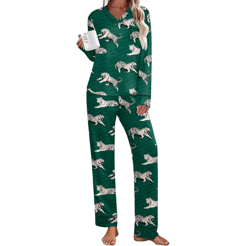 imageEkouaer Womens Pajamas Sets 2 piece PJs V Neck Long Sleeve Sleepwear Comfy Pants Loungewear with PocketGreen Tiger