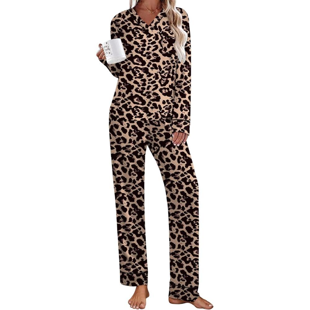 imageEkouaer Womens Pajamas Sets 2 piece PJs V Neck Long Sleeve Sleepwear Comfy Pants Loungewear with PocketLeopard