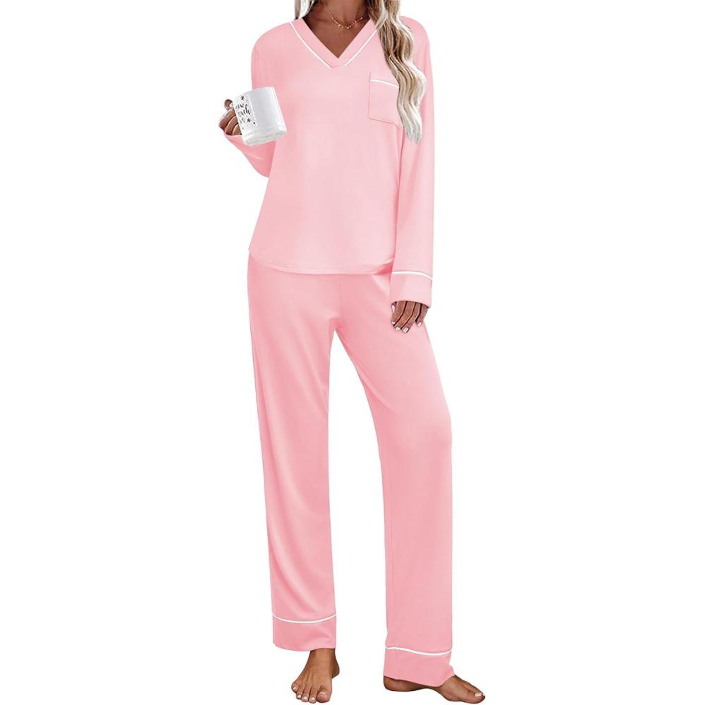 imageEkouaer Womens Pajamas Sets 2 piece PJs V Neck Long Sleeve Sleepwear Comfy Pants Loungewear with PocketPink