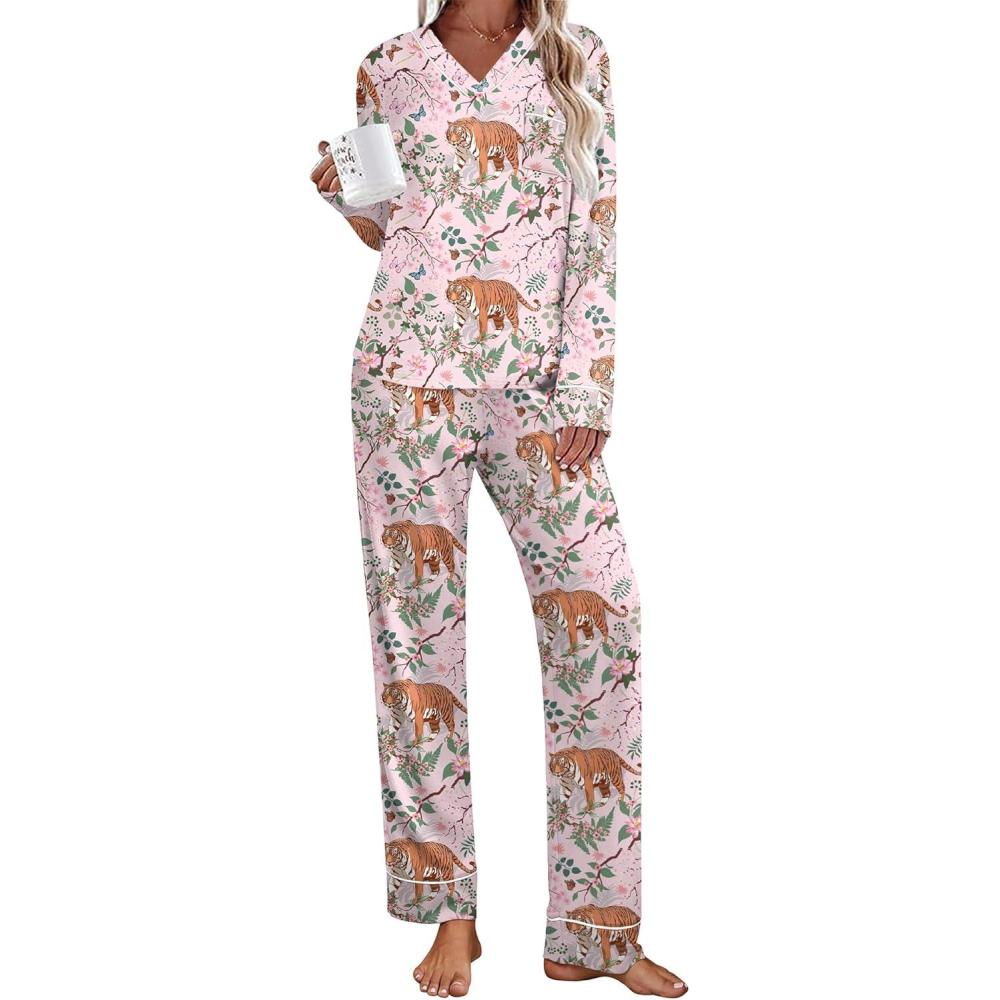 imageEkouaer Womens Pajamas Sets 2 piece PJs V Neck Long Sleeve Sleepwear Comfy Pants Loungewear with PocketPink Tiger