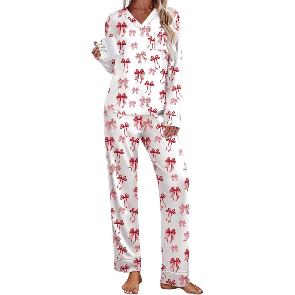 imageEkouaer Womens Pajamas Sets 2 piece PJs V Neck Long Sleeve Sleepwear Comfy Pants Loungewear with PocketRed Bow