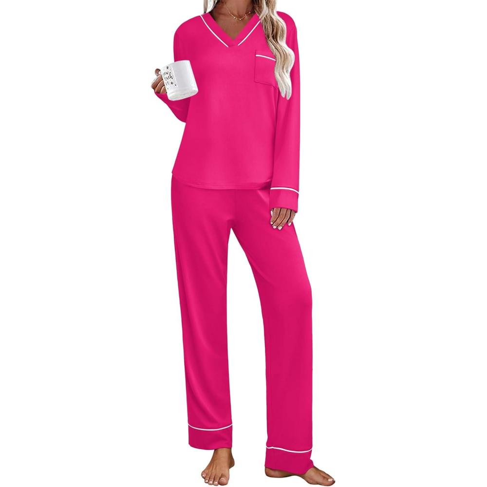 imageEkouaer Womens Pajamas Sets 2 piece PJs V Neck Long Sleeve Sleepwear Comfy Pants Loungewear with PocketRose Red