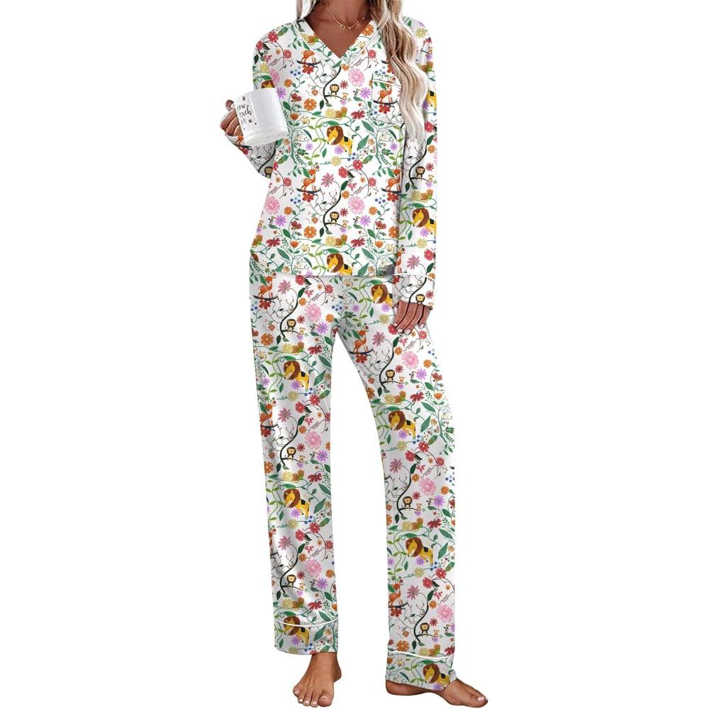 imageEkouaer Womens Pajamas Sets 2 piece PJs V Neck Long Sleeve Sleepwear Comfy Pants Loungewear with PocketWhite Animals