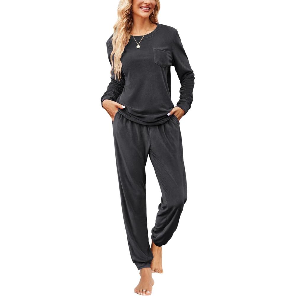 imageEkouaer Womens Pajamas Sets Long Sleeve Soft Sleepwear 2 Piece Velvet Pjs Lounge Sets with PocketsGrey