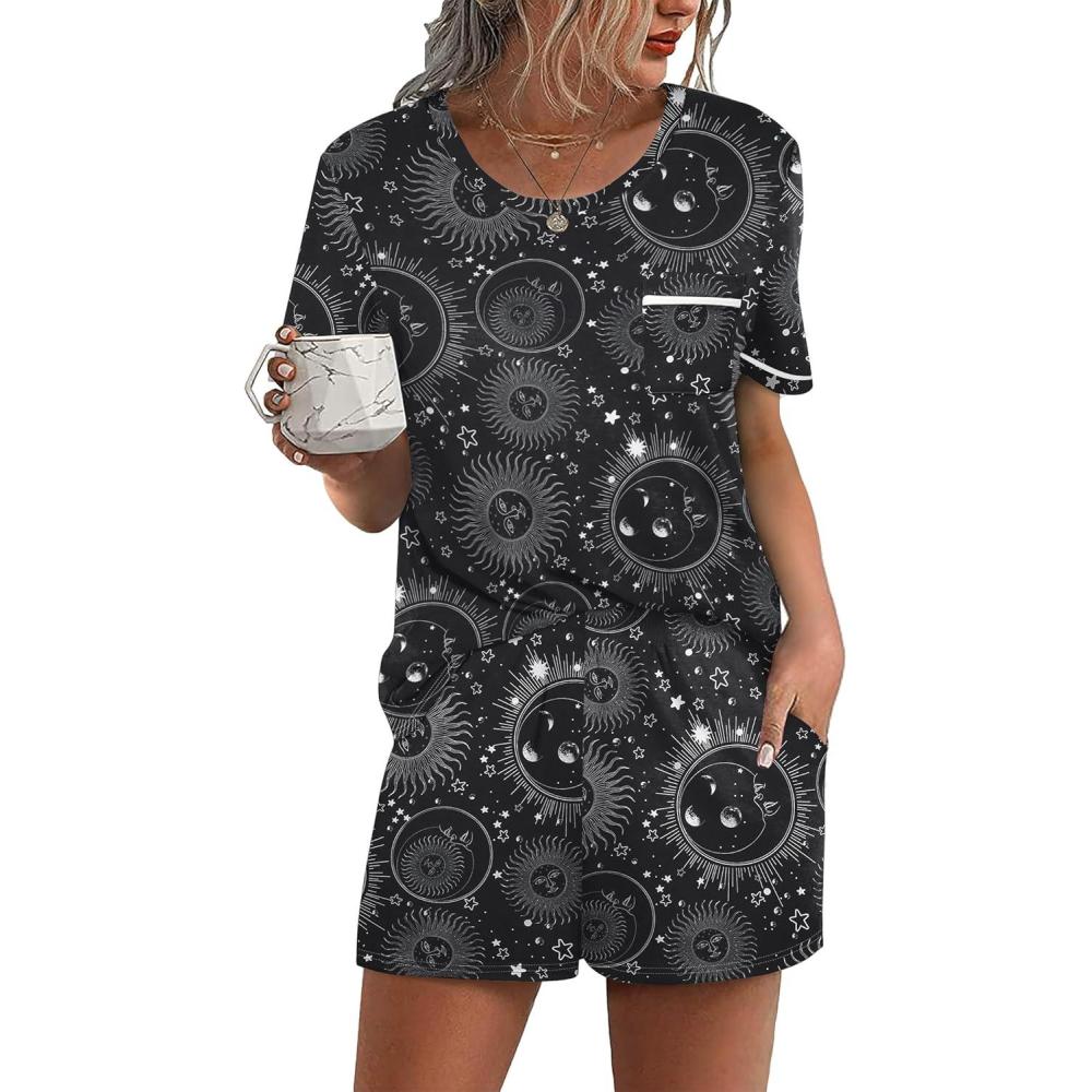 imageEkouaer Womens Pajamas Sets Shorts 2 Piece Short Sleeve Lounge Sets Round Neck Sleepwear Soft Pjs with PocketsBlack Sun Moon
