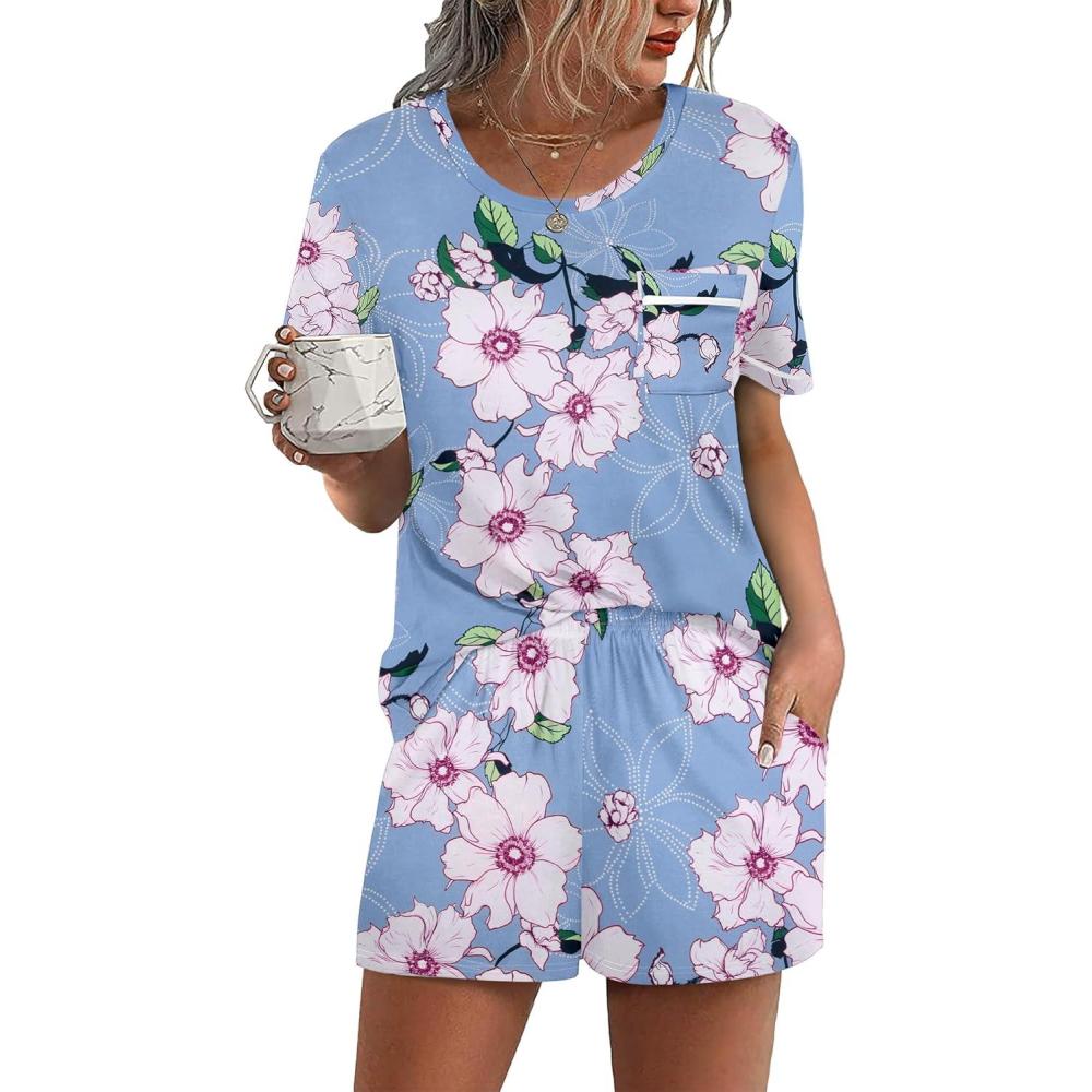 imageEkouaer Womens Pajamas Sets Shorts 2 Piece Short Sleeve Lounge Sets Round Neck Sleepwear Soft Pjs with PocketsBlue White Flower