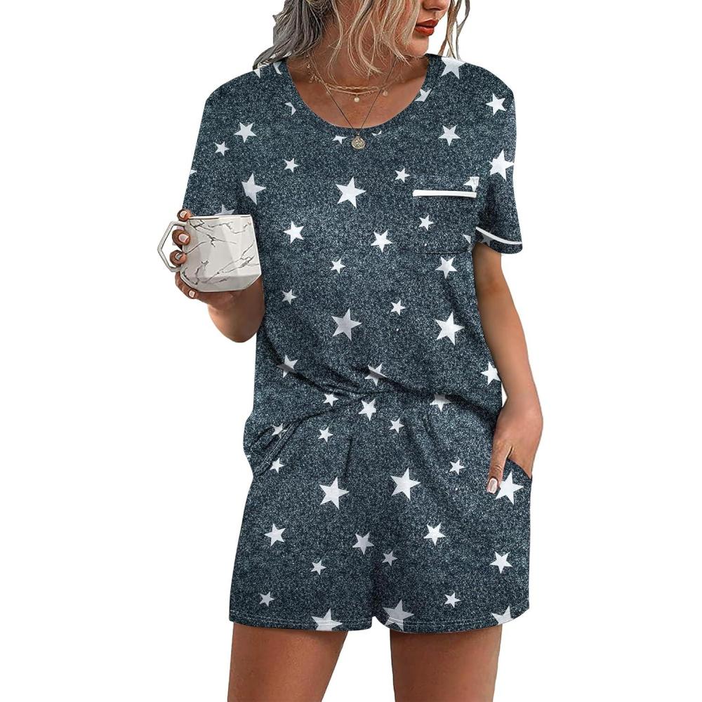 imageEkouaer Womens Pajamas Sets Shorts 2 Piece Short Sleeve Lounge Sets Round Neck Sleepwear Soft Pjs with PocketsDark Grey White Star