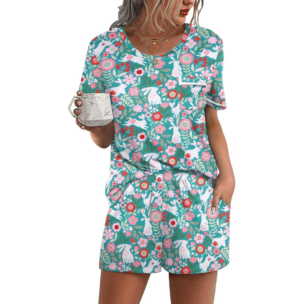 imageEkouaer Womens Pajamas Sets Shorts 2 Piece Short Sleeve Lounge Sets Round Neck Sleepwear Soft Pjs with PocketsGreen Rabbit