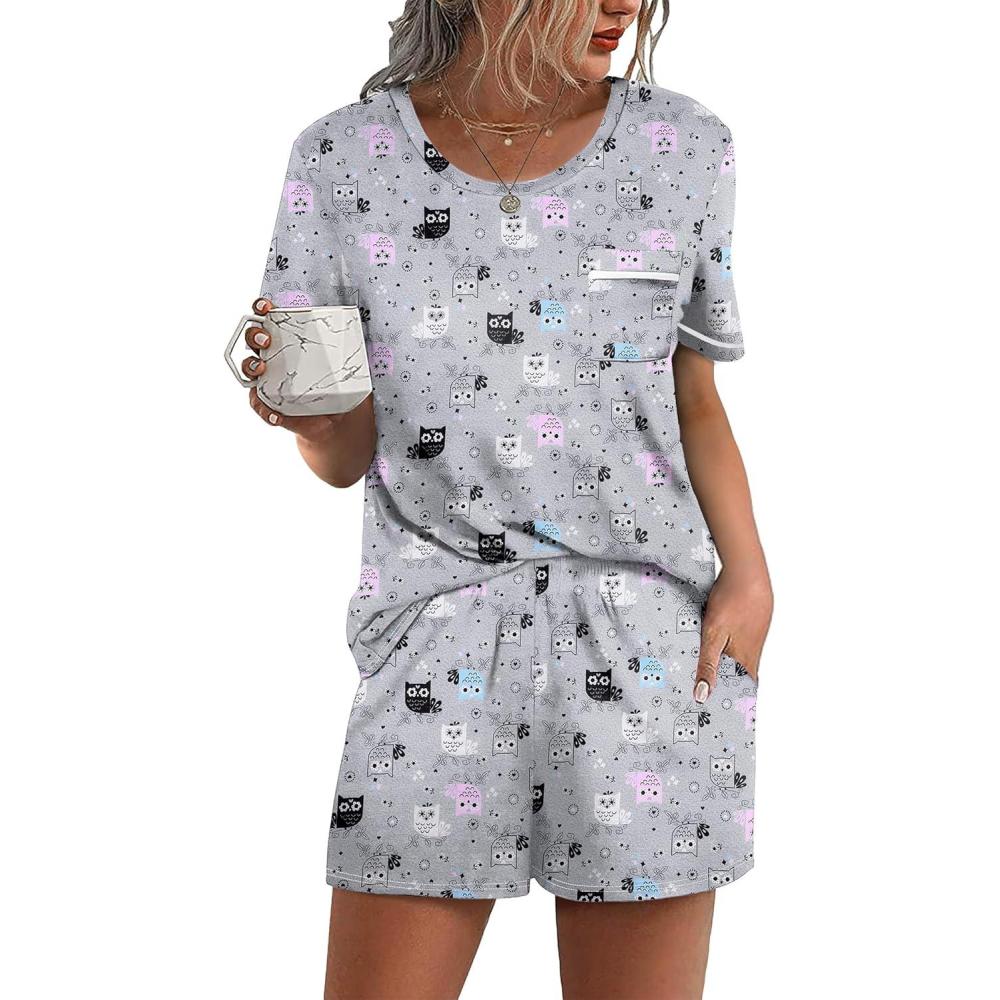 imageEkouaer Womens Pajamas Sets Shorts 2 Piece Short Sleeve Lounge Sets Round Neck Sleepwear Soft Pjs with PocketsGrey Owl
