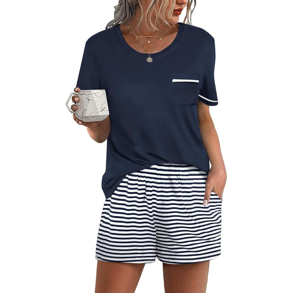 imageEkouaer Womens Pajamas Sets Shorts 2 Piece Short Sleeve Lounge Sets Round Neck Sleepwear Soft Pjs with PocketsNavy Blue