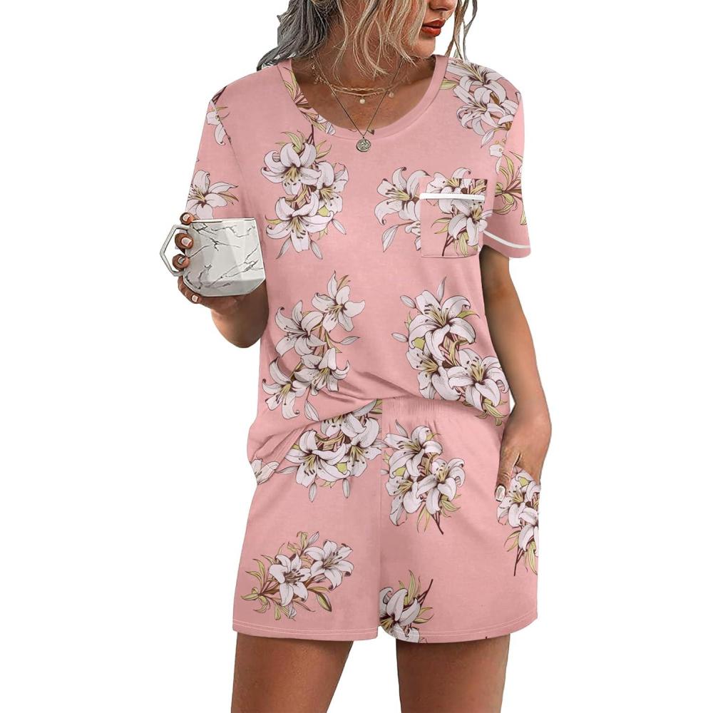 imageEkouaer Womens Pajamas Sets Shorts 2 Piece Short Sleeve Lounge Sets Round Neck Sleepwear Soft Pjs with PocketsPink Flower