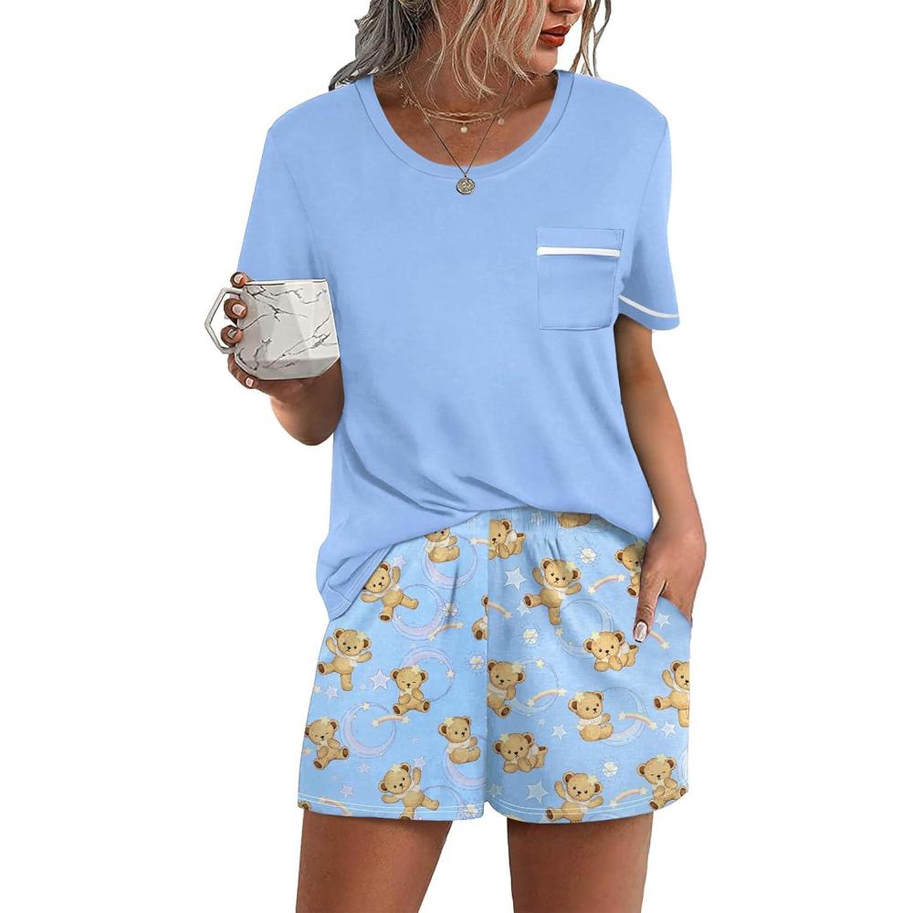 imageEkouaer Womens Pajamas Sets Shorts 2 Piece Short Sleeve Lounge Sets Round Neck Sleepwear Soft Pjs with PocketsTeddyblue