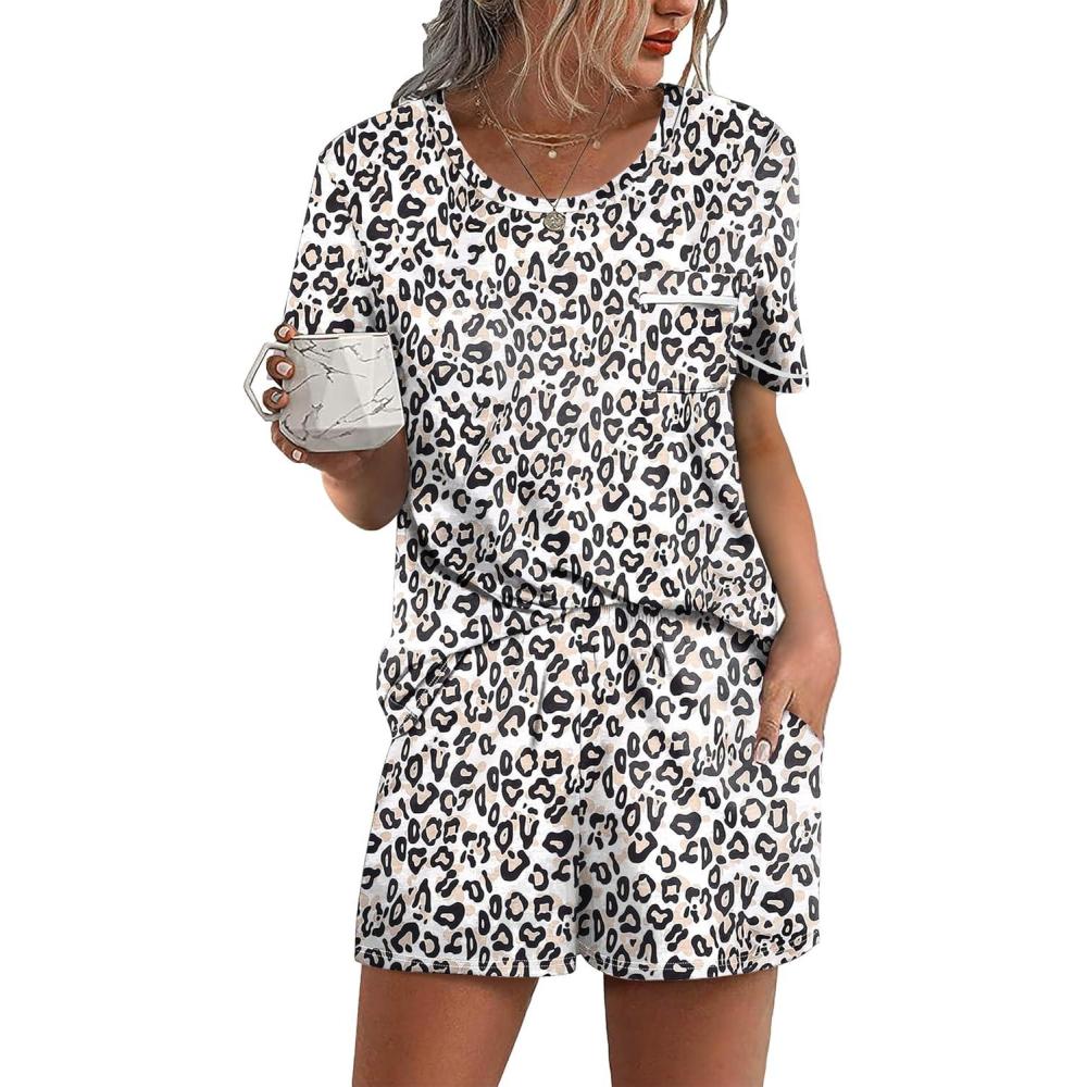 imageEkouaer Womens Pajamas Sets Shorts 2 Piece Short Sleeve Lounge Sets Round Neck Sleepwear Soft Pjs with PocketsWhiteleopard