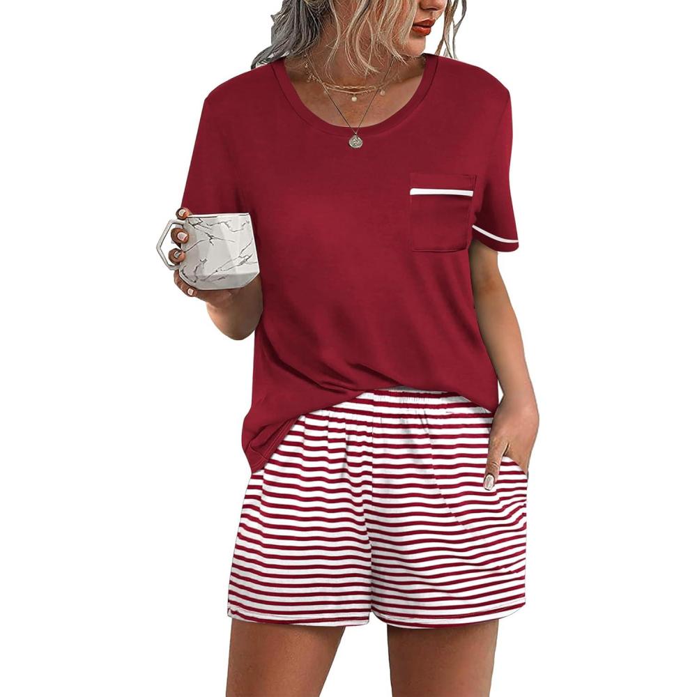 imageEkouaer Womens Pajamas Sets Shorts 2 Piece Short Sleeve Lounge Sets Round Neck Sleepwear Soft Pjs with PocketsWine Red