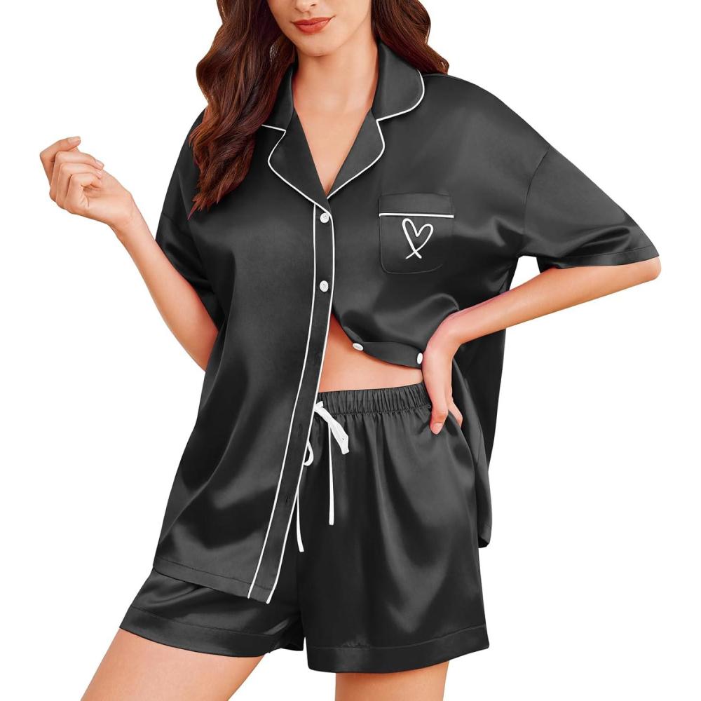 imageEkouaer Womens Silk Satin Pajama Set 2 Piece Heart Embroidery Short Sleeve Button Down Pjs Set for Bridal PartyBlack