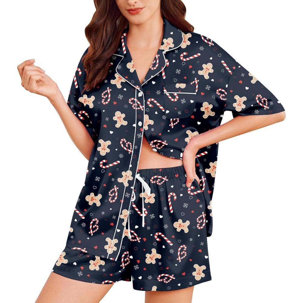 imageEkouaer Womens Silk Satin Pajama Set 2 Piece Heart Embroidery Short Sleeve Button Down Pjs Set for Bridal PartyBlack Christmas