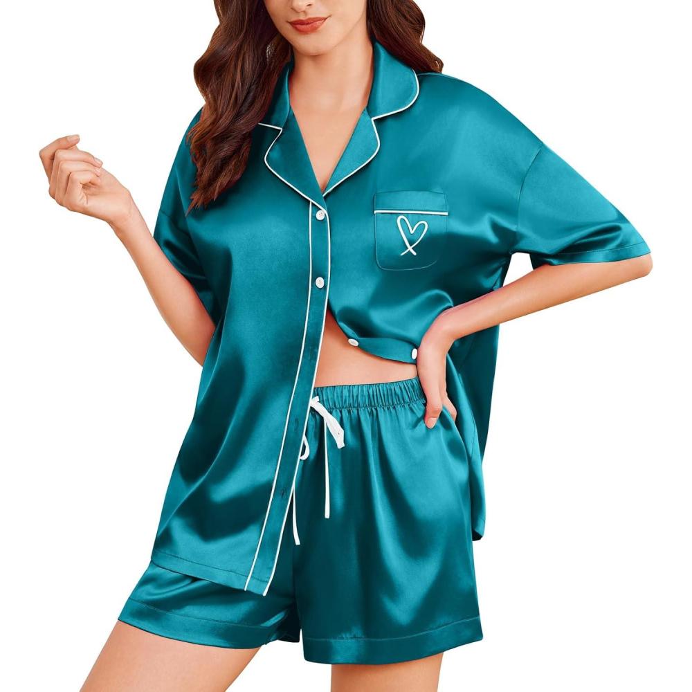 imageEkouaer Womens Silk Satin Pajama Set 2 Piece Heart Embroidery Short Sleeve Button Down Pjs Set for Bridal PartyGreen