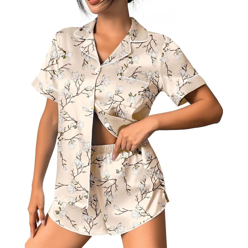 imageEkouaer Womens Silk Satin Pajama Set Print Short Sleeve Sleepwear Button Down Pjs Shorts Set LoungewearApricot Floral