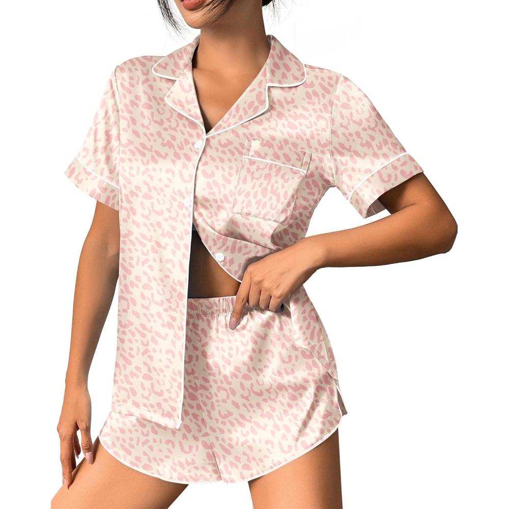 imageEkouaer Womens Silk Satin Pajama Set Print Short Sleeve Sleepwear Button Down Pjs Shorts Set LoungewearApricot Leopard