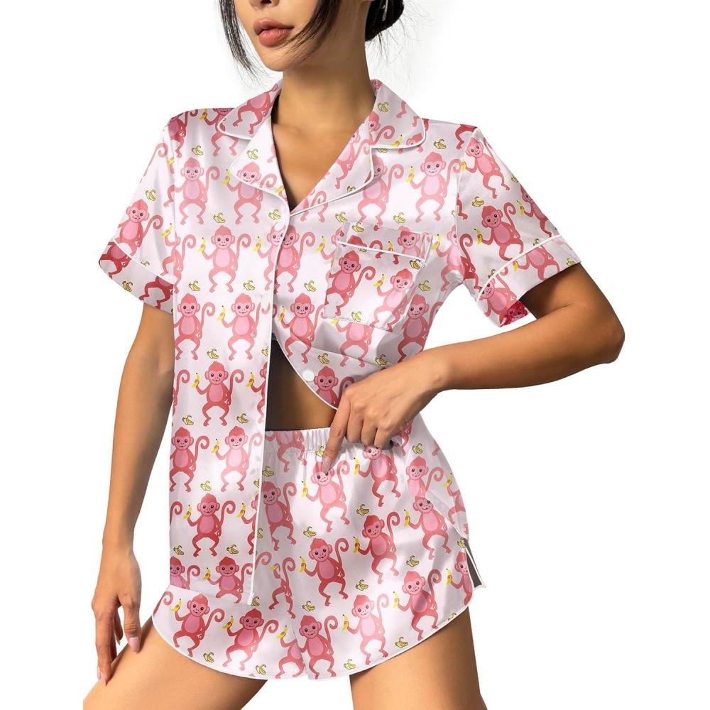 imageEkouaer Womens Silk Satin Pajama Set Print Short Sleeve Sleepwear Button Down Pjs Shorts Set LoungewearBanana Monkey