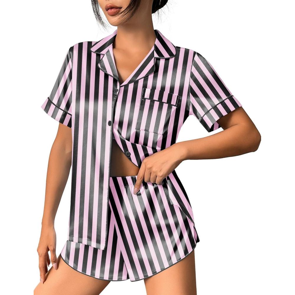imageEkouaer Womens Silk Satin Pajama Set Print Short Sleeve Sleepwear Button Down Pjs Shorts Set LoungewearBlack Pink Stripe