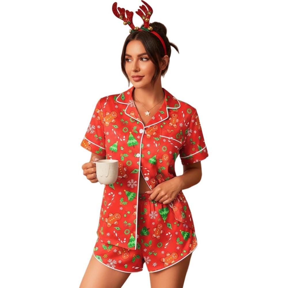 imageEkouaer Womens Silk Satin Pajama Set Print Short Sleeve Sleepwear Button Down Pjs Shorts Set LoungewearChristmas Gingerbread Man