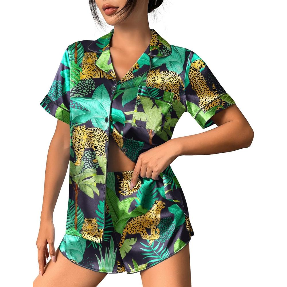 imageEkouaer Womens Silk Satin Pajama Set Print Short Sleeve Sleepwear Button Down Pjs Shorts Set LoungewearJungle Leopard