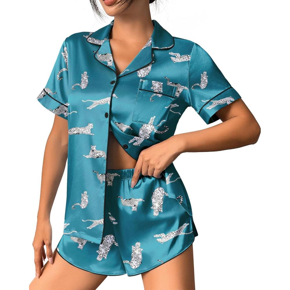 imageEkouaer Womens Silk Satin Pajama Set Print Short Sleeve Sleepwear Button Down Pjs Shorts Set LoungewearLeopard