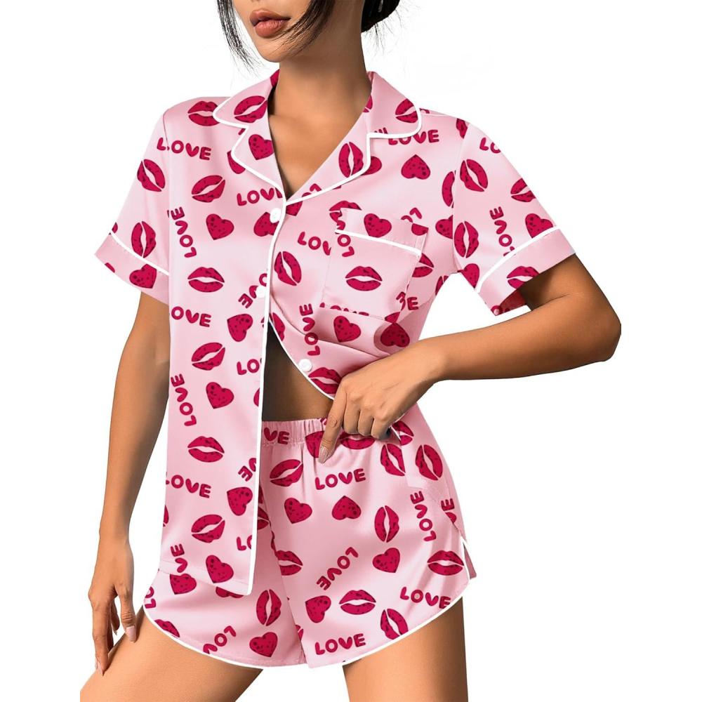 imageEkouaer Womens Silk Satin Pajama Set Print Short Sleeve Sleepwear Button Down Pjs Shorts Set LoungewearLip Heart