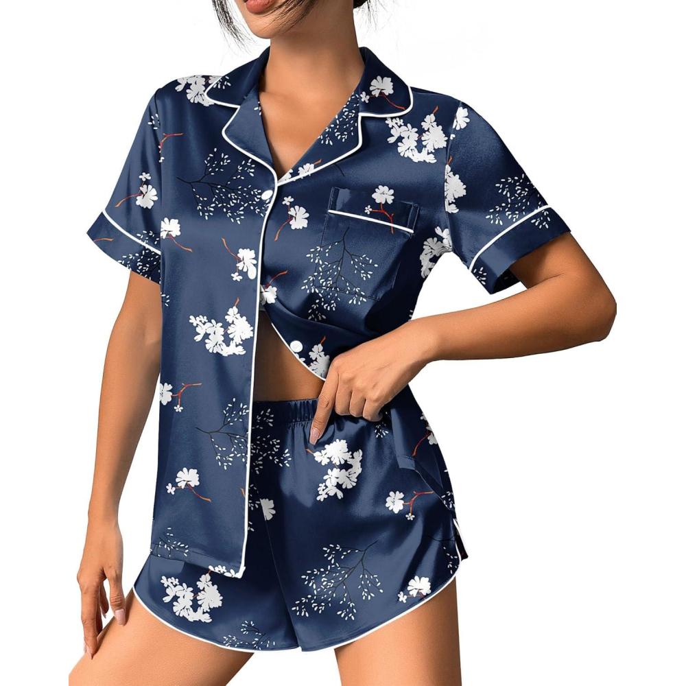 imageEkouaer Womens Silk Satin Pajama Set Print Short Sleeve Sleepwear Button Down Pjs Shorts Set LoungewearNavy Blue Floral