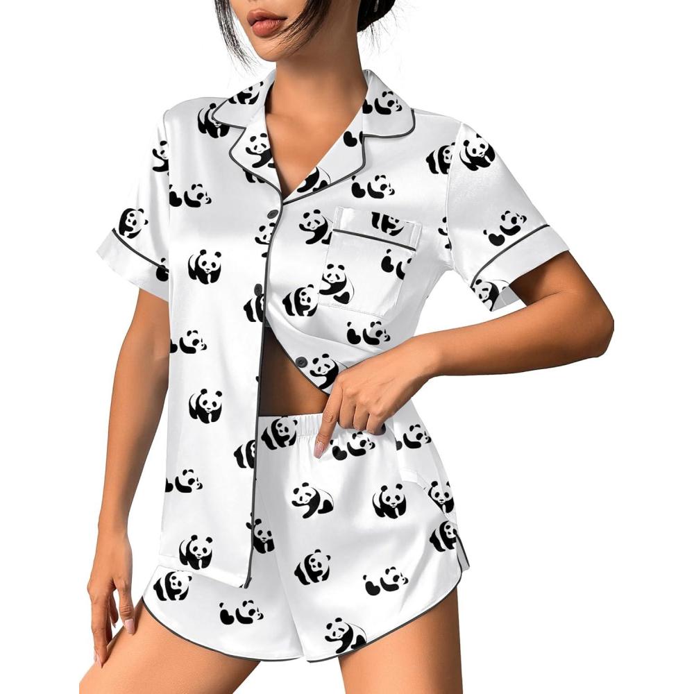 imageEkouaer Womens Silk Satin Pajama Set Print Short Sleeve Sleepwear Button Down Pjs Shorts Set LoungewearPanda