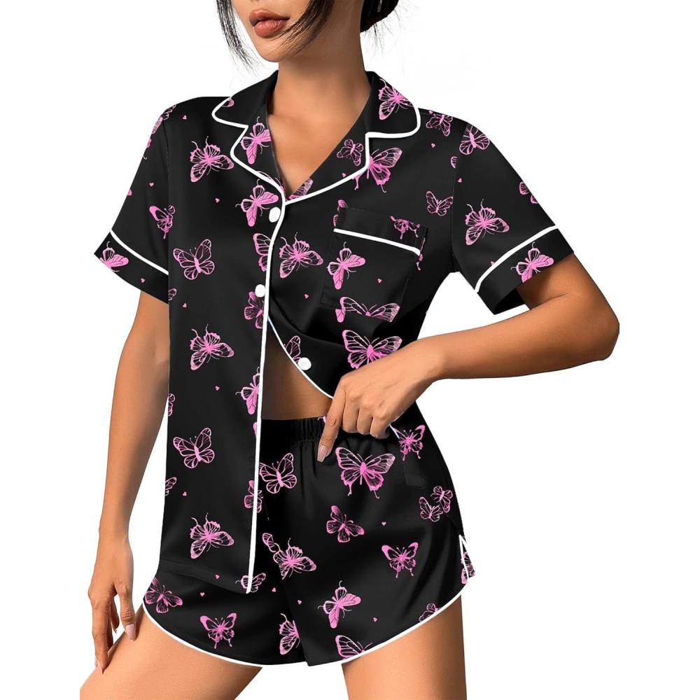 imageEkouaer Womens Silk Satin Pajama Set Print Short Sleeve Sleepwear Button Down Pjs Shorts Set LoungewearPink Butterfly