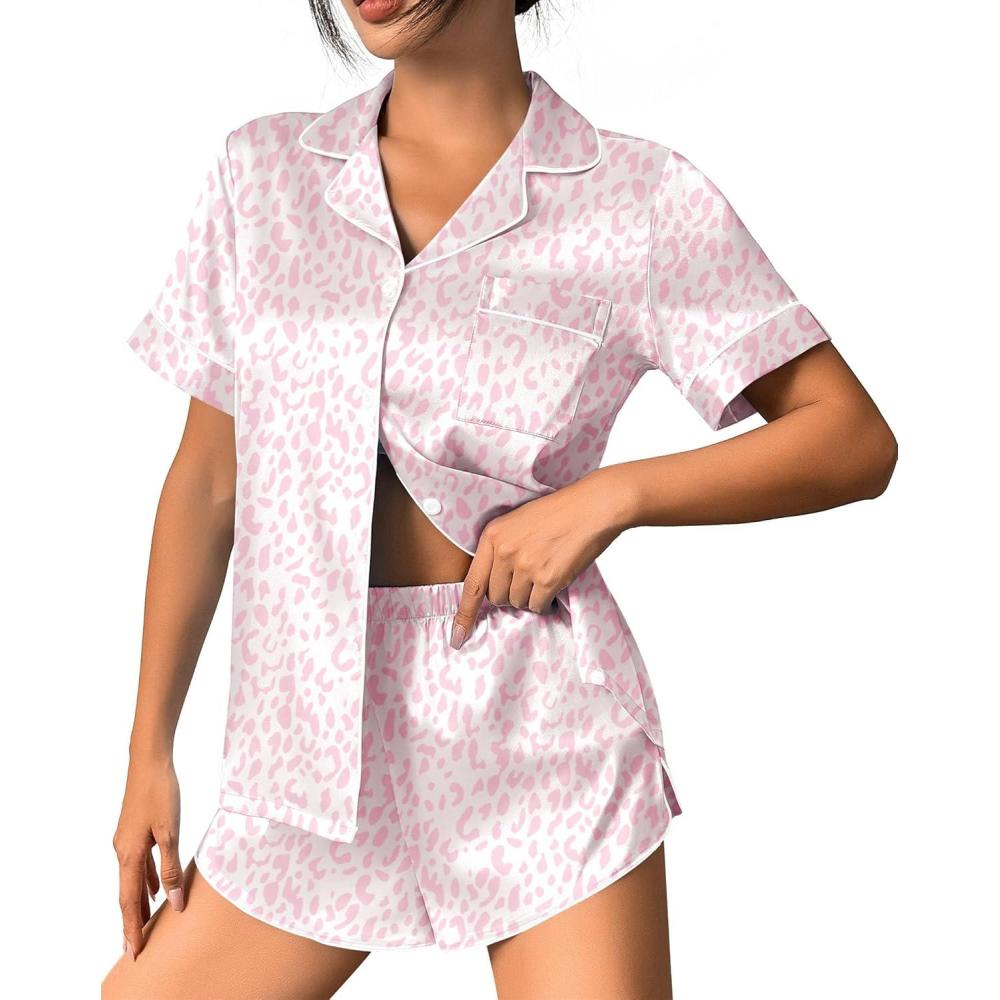 imageEkouaer Womens Silk Satin Pajama Set Print Short Sleeve Sleepwear Button Down Pjs Shorts Set LoungewearPink Leopard