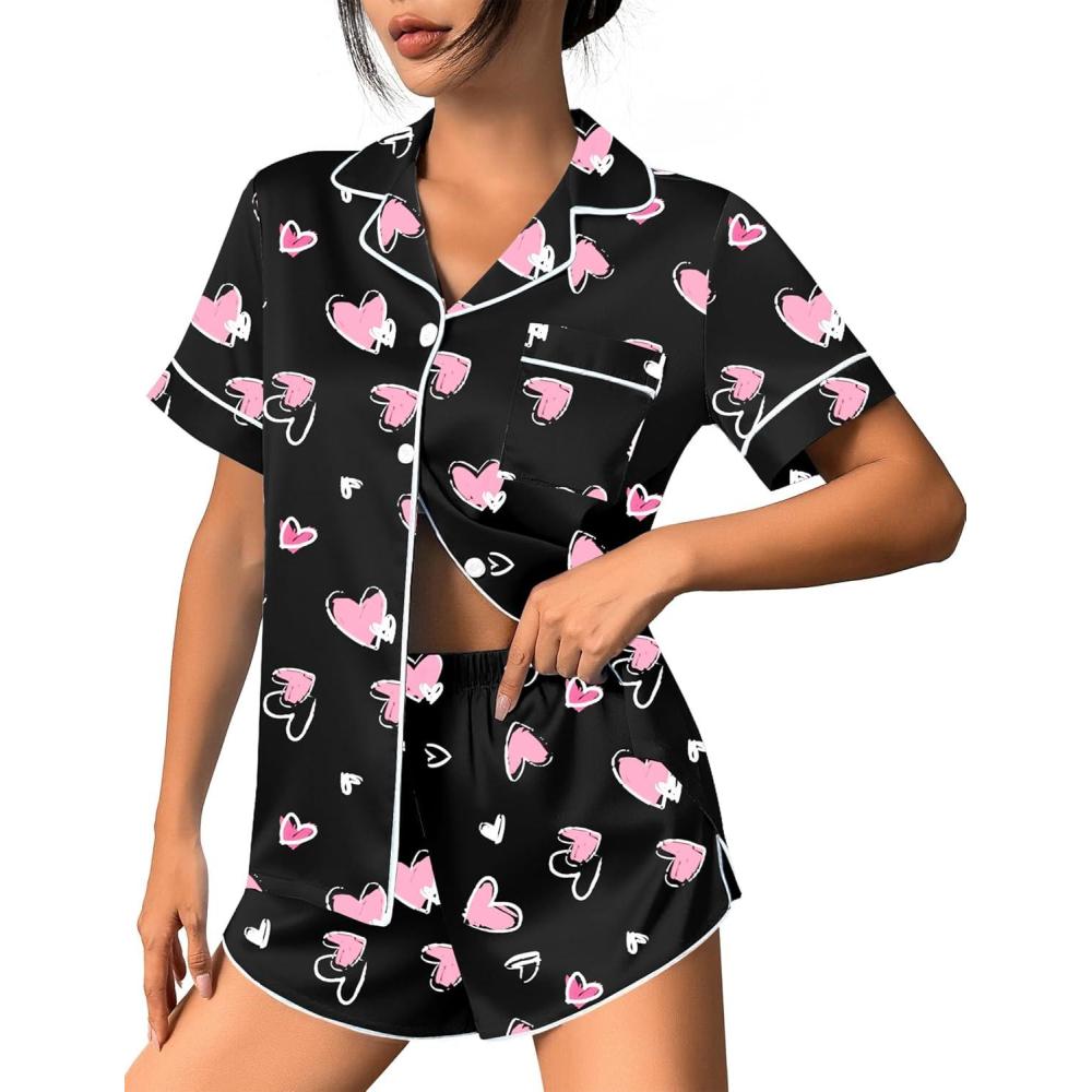 imageEkouaer Womens Silk Satin Pajama Set Print Short Sleeve Sleepwear Button Down Pjs Shorts Set LoungewearPink Love Heart