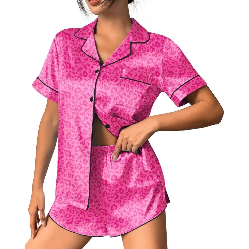 imageEkouaer Womens Silk Satin Pajama Set Print Short Sleeve Sleepwear Button Down Pjs Shorts Set LoungewearRose Red Leopard