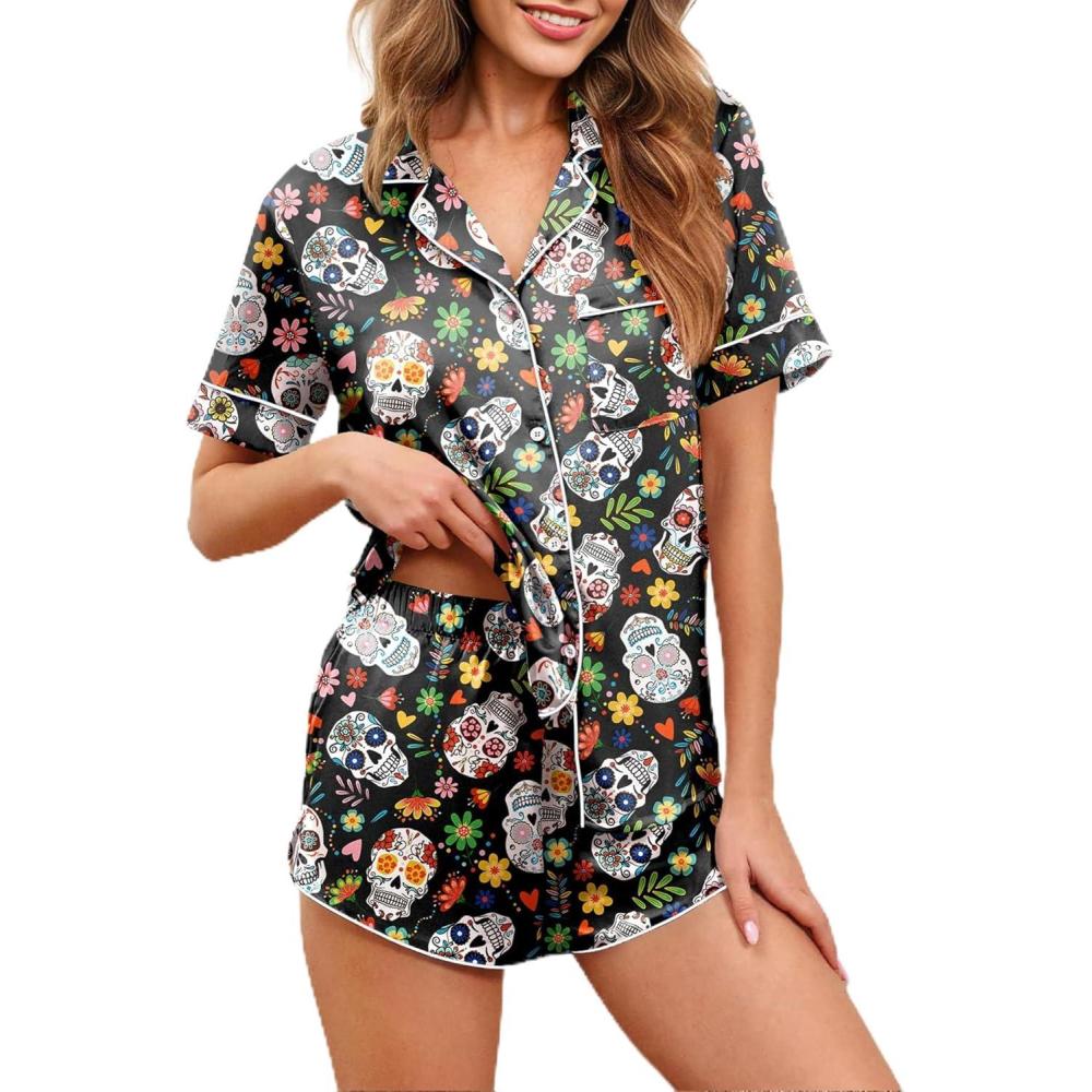 imageEkouaer Womens Silk Satin Pajamas Set Short Sleeve Sleepwear Button Down Loungewear 2 Piece Pjs Shorts Set S5X Plus SizeColourful Halloween Skulls
