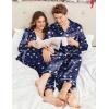 Ekouaer Couples Matching Pajamas Silk Long Sleeve Sleepwear Satin Soft Button Down Loungewear Pjs Set(Teddy Navy)