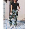 Ekouaer Pajama Sets for Women Round Neck Pjs Short Sleeve Sleepwear with Long Pants Loose Lounge Sets(Black_blue Flower)