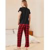 Ekouaer Pajama Sets for Women Round Neck Pjs Short Sleeve Sleepwear with Long Pants Loose Lounge Sets(Black-red Plaid)