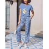 Ekouaer Pajama Sets for Women Round Neck Pjs Short Sleeve Sleepwear with Long Pants Loose Lounge Sets(Blue Teddy Bear)