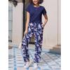 Ekouaer Pajama Sets for Women Round Neck Pjs Short Sleeve Sleepwear with Long Pants Loose Lounge Sets(Blue-navy Flamingo)