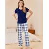 Ekouaer Pajama Sets for Women Round Neck Pjs Short Sleeve Sleepwear with Long Pants Loose Lounge Sets(Navy Blue-white Plaid)