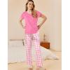 Ekouaer Pajama Sets for Women Round Neck Pjs Short Sleeve Sleepwear with Long Pants Loose Lounge Sets(Pink-white Plaid)