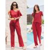 Ekouaer Pajamas for Women Set 2 Piece Comfy Loungewear, Lightweight Pjs Sleepwear, Short Sleeve Top & Long Pants with Pockets(Cups+wine Red)